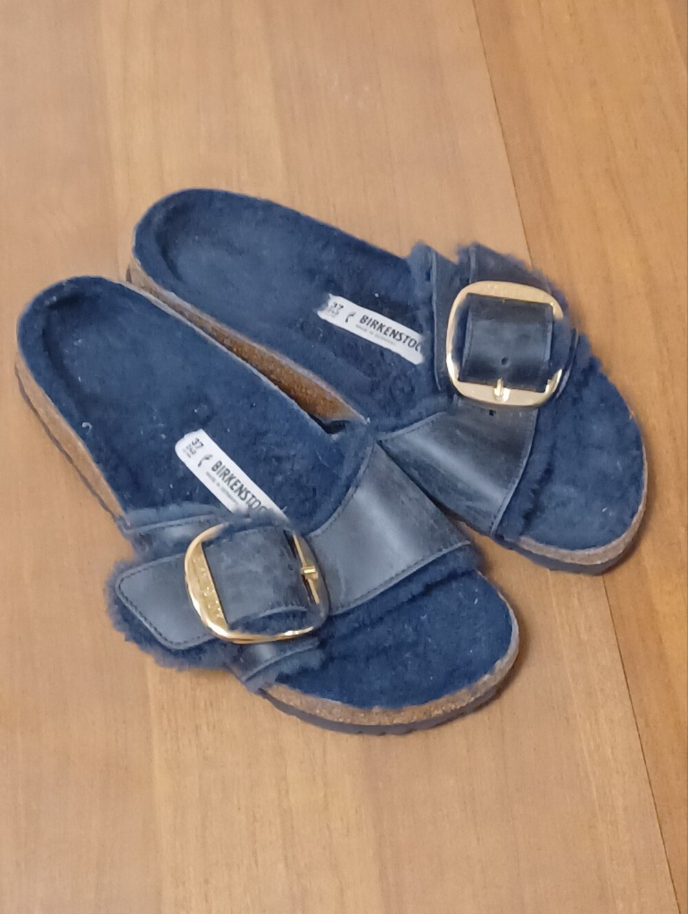Birkenstock Madrid Big Buckle Shearling Sandals Womens 6-6.5/EU 37 Blue Leather